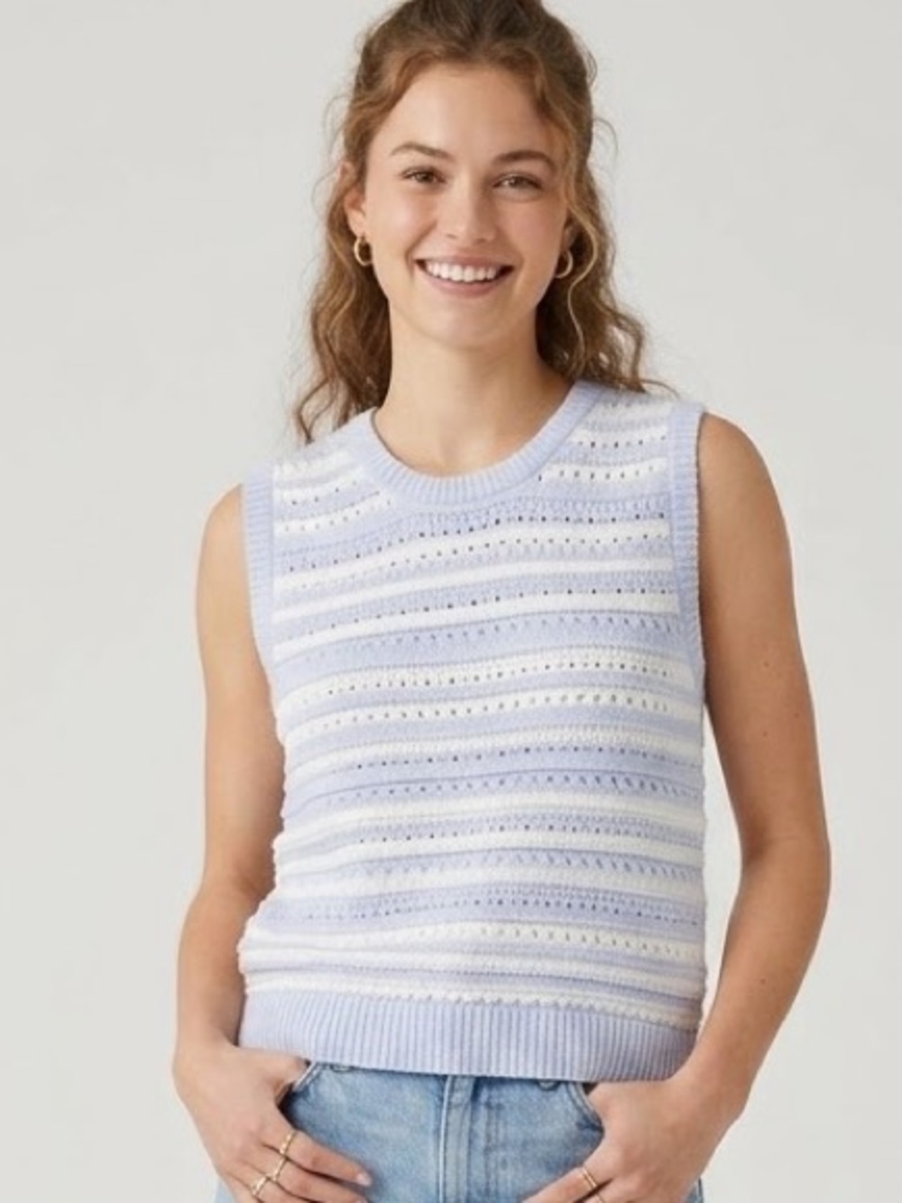 Altar'd State Light Blue & White Striped Knit Sleeveless Sweater, Size Medium